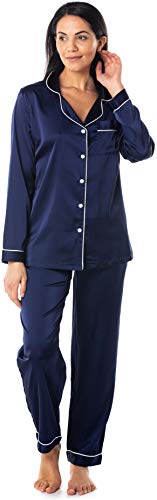 Satini Schlafanzug-Set Lang Button Down Kragen Satin Schlafwäsche Nachtwäsche Lounge-Mode (Nachtblau, S) von Satini