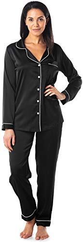 Satini Schlafanzug-Set Lang Button Down Kragen Satin Schlafwäsche Nachtwäsche Lounge-Mode (Schwarz, XL) von Satini