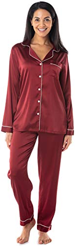 Satini Schlafanzug-Set Lang Button Down Kragen Satin Schlafwäsche Nachtwäsche Lounge-Mode (Weinrot, M) von Satini