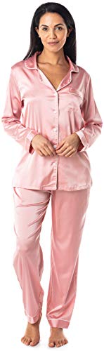 Satini Schlafanzug-Set Lang Button Down Kragen Satin Schlafwäsche Nachtwäsche Lounge-Mode (Zartrosa, XXL) von Satini