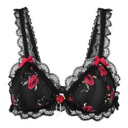 Satini Sissy Rüschen Spitze Tailliert Satin Bralette BH (Schwarz - rote Rosen, XXL) von Satini