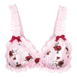 Satini Sissy Rüschen Spitze Tailliert Satin Bralette BH (Zartrosa - rote Rosen, XL) von Satini