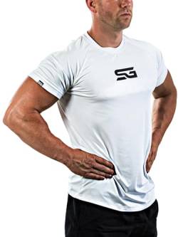 SATIRE GYM® - Fitness Slim Fit T-Shirt Herren/Funktionelles & schnell trocknendes Sportshirt Herren Kurzarm – Herren Fitness Shirt als Bodybuilding Shirt & Workout Gym Shirt (L, weiß - SG Print) von Satire Gym
