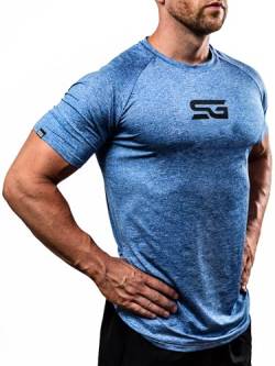Satire Gym® - Fitness Slim Fit T-Shirt Herren - Funktionelles & schnell trocknendes Sportshirt Herren Kurzarm – Herren Fitness Shirt als Bodybuilding Shirt & Workout Gym Shirt (M, blau meliert) von Satire Gym