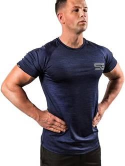 Satire Gym® - Fitness Slim Fit T-Shirt Herren - Funktionelles & schnell trocknendes Sportshirt Herren Kurzarm – Herren Fitness Shirt als Bodybuilding Shirt & Workout Gym Shirt (S, Navy Blue meliert) von Satire Gym