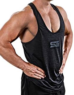 Satire Gym® - Fitness Stringer Tank Top Herren/Schnell trocknende Herren Sportbekleidung -Tanktop Herren - Perfekter Bodybuilding Stringer & Trainings Tank Top (schwarz meliert - Grauer Print, XXL) von Satire Gym