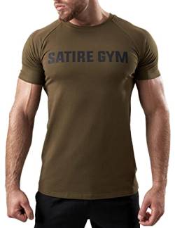 Satire Gym - Fitness Slim Fit T-Shirt aus Baumwolle Herren/Eng sitzende & schnell trocknende Sportbekleidung für Männer – Herren Sport Shirt als Fitness Shirt & Gym Shirt (Khaki, M) von Satire Gym