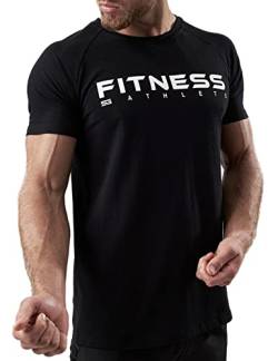 Satire Gym - Fitness Slim Fit T-Shirt aus Baumwolle Herren/Eng sitzende & schnell trocknende Sportbekleidung für Männer – Herren Sport Shirt als Gym & Fitness Shirt (Schwarz mit Athlete Print, L) von Satire Gym