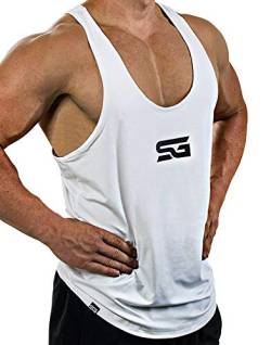 Satire Gym - Fitness Stringer Herren - Schnell trocknende & Funktionelle Herren Sportbekleidung -Tanktop Herren - Bodybuilding & Trainings Tank Top (weiß - schwarzer Print, XL) von Satire Gym