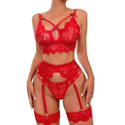 Satohom Damen Sexy Dessous Set 3 Teiliges mit Strumpfgürtel Spitze BH und Höschen Set Strapse Reizwäsche Teddy Babydoll Bodysuit mit Strumpfgürteln Hohe Taille Strapsen Dessous Ohne Strümpfe von Satohom