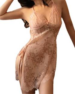 Satohom Damen Spitze Negligee V-Ausschnitt Lingerie Zurück Split Nachtwäsche Nachtkleid Kleid Dessous Set Reizwäsche Unterwäsche für Damen mit G-String 2tlg von Satohom