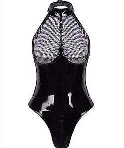 Satohom Damen Wetlook Body Leder Bodysuit Brust Harness PU Leder Halsband mit Kette Erotik String Body Unterwäsche Gogo Unterwäsche Clubwear mit Neckholder von Satohom