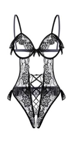 Satohom Sexy Damen Dessous Set, Erotische Translucent Spitze Riemchen Bodysuit, Overall Lingerie mit Loch Reizwäsche BH und Höschen Sets, Verstellbare Offen Body Suit Unterwäsche (Schwarz/Rot) von Satohom