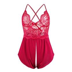 Satohom Sexy Dessous Damen Babydoll Reizwäsche Nachthemd Kurz Damen Unterwäsche Sexy Set Negligee Lingerie V-Ausschnitt Outfit Spitze Sleepwear Kleid mit Tanga Valentinstag (Schwarz/Rot) S-3XL von Satohom