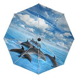 Delphinfisch Blauer Meereshimmel Regenschirm Taschenschirm Automatische Reise Winddichte Sonnenschutz Trekkingschirm Wanderregenschirm für Frauen Männer von Sawhonn