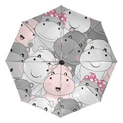 Süßes Baby Nilpferd Tier Regenschirm Taschenschirm Automatische Reise Winddichte Sonnenschutz Trekkingschirm Wanderregenschirm für Frauen Männer von Sawhonn