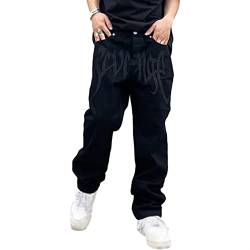 Baggy Jeans Bedruckt Herren Jeans Men Hip Hop Jeans Baggy Jeanshose Teenager Jungen Bein Jeans Skateboard Hose Streetwear (Color : Black, Size : XL) von Sawmew