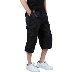 Cargohose Herren 3/4 Länge Baumwolle mit Reißverschluss Sport Hosen Herren Kurz Sommer Herren Jogginghose Herrenhose Retro Kurze Stretch Hose Basic (Color : Black, Size : 3XL) von Sawmew