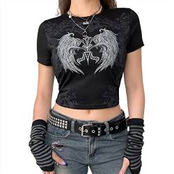 Damen T-Shirt Sexy Bauchfrei Kurzarm Sommer Oberteile Rundhals Gothic Harajuku Grunge Grafik Print Crop Top Vintage 90er Y2K E-Girl Teenager Mädchen Punk Streetwear (Color : Gray, Size : S) von Sawmew