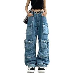 Damen Y2K Hoch Taillierte Cargo-Hose Gothic Baggy Jeans Weites Bein Lose Freizeithose Grunge Hose Streetwear (Color : Blue, Size : S) von Sawmew