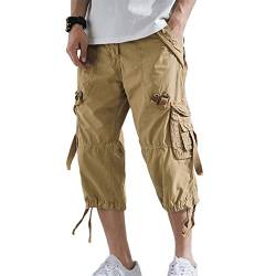 Sawmew 3/4 Hose Herren Cargo Shorts Männer Bermuda Shorts Multi Taschen Sommer Kurze Hose Baumwolle Arbeitshose Mehrere Taschen Lässig (Color : Khaki, Size : L) von Sawmew