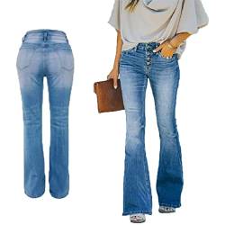 Sawmew 90er Jahre Vintage-Jeans mit Knopfleiste, Hoher Taille, Ausgestelltem Bein, Damen, Hoher Bund, Distressed, Klassischer, Dehnbarer Denim-Schlag (Color : Blue, Size : L) von Sawmew