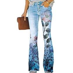 Sawmew 90er-Jahre-Vintage-Jeans mit Knopfleiste, hoher Taille, ausgestelltem Bein, High-Rise-Hose mit weitem Bein, dehnbarer Blauer Denim-Jeans, klassischer Pull-On-Stretch-Denim-Schlaghose (Color : von Sawmew