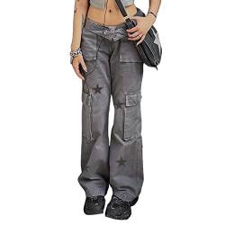 Sawmew Baggy Cargohose mit niedriger Taille für Damen Muster Lange Harajuku Grunge Ästhetische Jeans mit geradem Bein und Taschen (Color : Gray, Size : L) von Sawmew