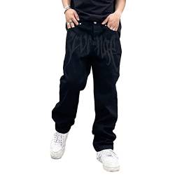 Sawmew Baggy Jeans Herren Baggy Hip Hop Jeans Straight Leg Y2K Jeanshose Vintage Bedruckte Pants Teenager Skateboard Hose Streetwear (Color : Black, Size : M) von Sawmew