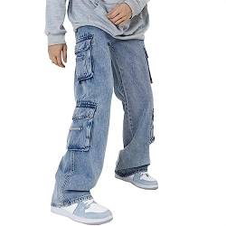 Sawmew Baggy Y2K Jeans für Herren, Lockere Passform Weites Bein Gerade Denim Hose, Grunge Hip-Hop Jeans Streetwear (Color : Blue, Size : XL) von Sawmew