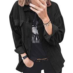 Sawmew Bluse Damen Cordhemd mit Knopfleiste Damen Oversized Langarm Jacke Bluse Tops Cordhemd Cordjacke Damen Oversize Shirt Frauen Hemdjacke aus Cord (Color : Black, Size : 2XL) von Sawmew