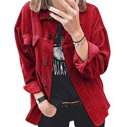 Sawmew Bluse Damen Cordhemd mit Knopfleiste Damen Oversized Langarm Jacke Bluse Tops Cordhemd Cordjacke Damen Oversize Shirt Frauen Hemdjacke aus Cord (Color : Red, Size : 2XL) von Sawmew