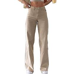 Sawmew Boyfriend Jeans Damen Baggy Jeanshose High Waist Lang Denim Pants Vintage Mode Loose Freizeithose Schlagjeans Destroyed Straight Lässig Jeans (Color : Beige, Size : L) von Sawmew