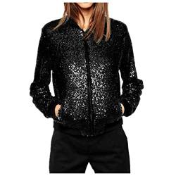 Sawmew Damen Glitzer Pailletten Jacke Hiphop Langarm Bomberjacke Fliegenjacke Bikerjacke Outwear (Color : Black, Size : M) von Sawmew