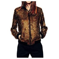 Sawmew Damen Glitzer Pailletten Jacke Hiphop Langarm Bomberjacke Fliegenjacke Bikerjacke Outwear (Color : Gold, Size : M) von Sawmew