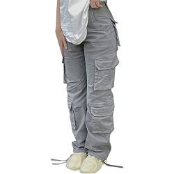 Sawmew Damen Hohe Taille Weites Bein Gerade Denim Jeans Y2K Baggy Hose Vintage Streetwear Cargohose mit Taschen (Color : Grey, Size : L) von Sawmew