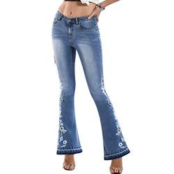 Sawmew Damen Jeans Elegant Stretch Skinny Schlaghose Jeanshose Bootcut Hose Hoher Bund Weites Bein Retro Stil Denim Pants mit Blumen Stickerei (Color : Blue, Size : XL) von Sawmew