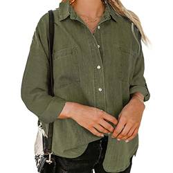 Sawmew Damen Jeanshemd Bluse Langarm Einfarbig Knopfverschluss Loose Fit Jeanshemd Top Damen Täglich Mode Trendige Jeansbluse (Color : Army Green, Size : 3XL) von Sawmew