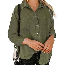 Sawmew Damen Jeanshemd Bluse Langarm Einfarbig Knopfverschluss Loose Fit Jeanshemd Top Damen Täglich Mode Trendige Jeansbluse (Color : Army Green, Size : L) von Sawmew