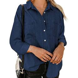 Sawmew Damen Jeanshemd Bluse Langarm Einfarbig Knopfverschluss Loose Fit Jeanshemd Top Damen Täglich Mode Trendige Jeansbluse (Color : Dark Blue, Size : XL) von Sawmew