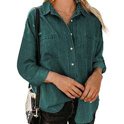 Sawmew Damen Jeanshemd Bluse Langarm Einfarbig Knopfverschluss Loose Fit Jeanshemd Top Damen Täglich Mode Trendige Jeansbluse (Color : Dark Green, Size : S) von Sawmew