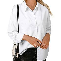 Sawmew Damen Jeanshemd Bluse Langarm Einfarbig Knopfverschluss Loose Fit Jeanshemd Top Damen Täglich Mode Trendige Jeansbluse (Color : White, Size : XL) von Sawmew