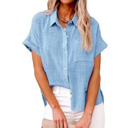 Sawmew Damen Jeanshemd Kurzarm Button Down Denim Shirt mit Taschen Lose Sommer Jeansbluse Kurzärmelig Freizeithemd Oberteil Lockere Passform Jeansjacke (Color : Blue, Size : L) von Sawmew