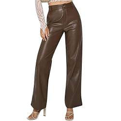 Sawmew Damen Lederhose PU Weites Bein Hose Sexy Hohe Taille Slim Schwarze Casual Pants High Street Wind Biker Frauen Leder Gerade Frühling und Herbst (Color : Brown, Size : XL) von Sawmew