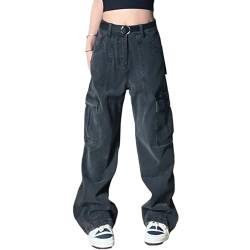 Sawmew Damen Low Waist Cargo Jeans Gerade Breites Bein Baggy Denim Hosen Y2k Indie Aesthetic Vintage Jeanshosen 90er Streetwear (Color : Black, Size : M) von Sawmew