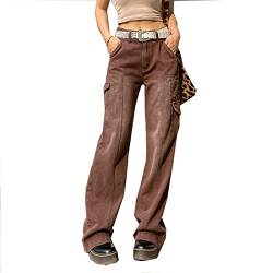 Sawmew Damen Low Waist Cargo Jeans Gerade Breites Bein Baggy Denim Hosen Y2k Indie Aesthetic Vintage Jeanshosen 90er Streetwear (Color : Brown, Size : L) von Sawmew