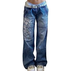 Sawmew Damen Low Waist Wide Leg Jeans Vintage Print Baggy Hose Y2k Distressed Straight Denim Pants Slim Flare Jean e Girl Streetwear (Color : Blue, Size : M) von Sawmew