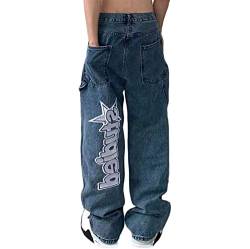 Sawmew Damen Low Waist Wide Leg Jeans Vintage Print Baggy Hose Y2k Distressed Straight Denim Pants Slim Flare Jean e Girl Streetwear (Color : Blue, Size : S) von Sawmew