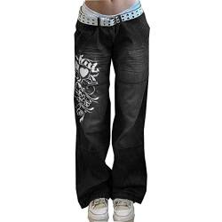 Sawmew Damen Low Waist Zerrissene Jeans Y2K Baggy Cargo Jeans mit Weitem Bein Vintage Printed Grunge Denim Pants Trendy Streetwear (Color : Black, Size : M) von Sawmew
