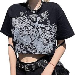 Sawmew Damen Sexy Oberteil Gothic Crop Top Aesthetic Vintage Kurzarm T-Shirt Harajuku Stil 90er Teenager Mädchen Punk Streetwear Y2K Fashion (Color : Black, Size : L) von Sawmew